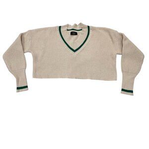 Vici Cropped V-neck Tennis Sweater, Ivory Kelly Green, M